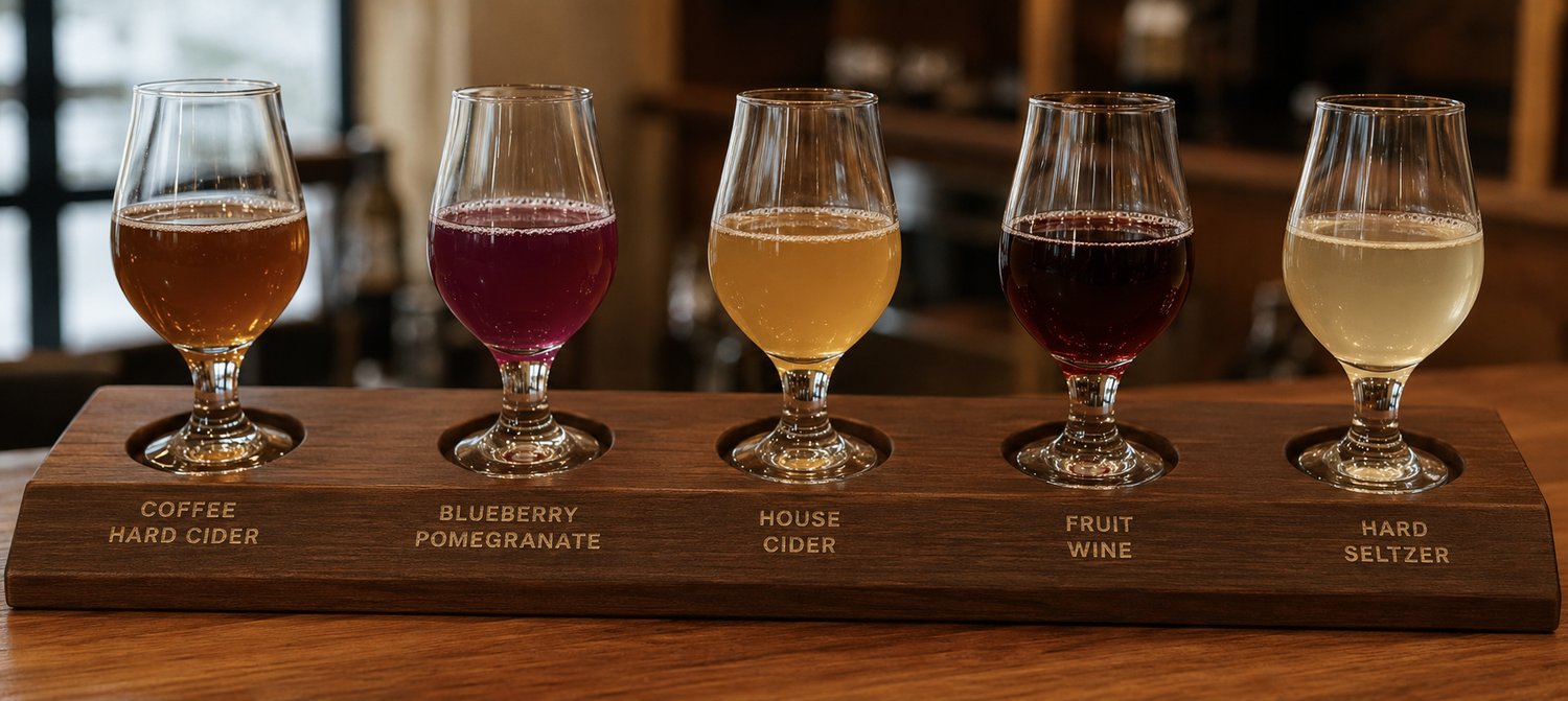 A tasting flight of five glasses on an engraved wooden paddle: coffee hard cider, blueberry pomegranate, house cider, fruit wine, and hard seltzer